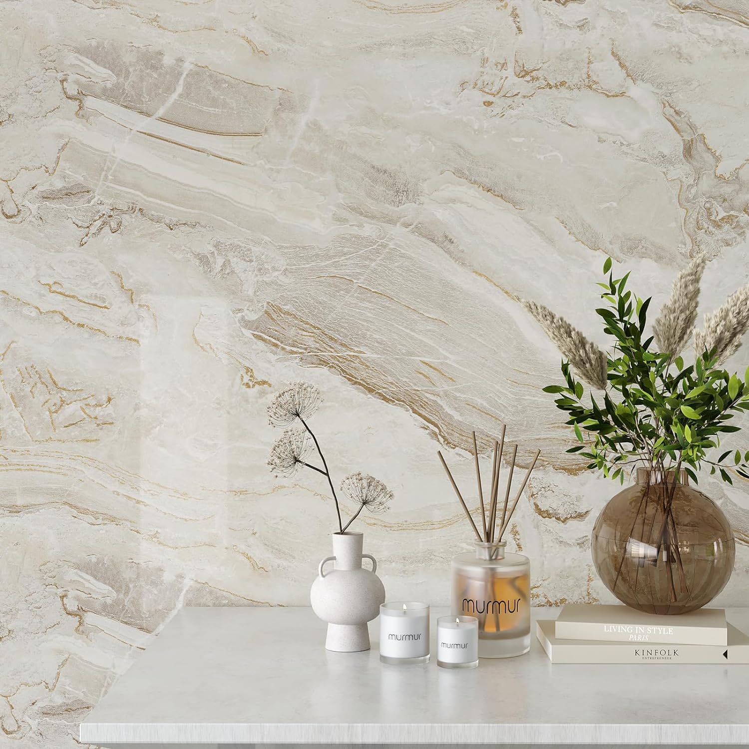 VEELIKE Large Size Marble Contact Paper Peel and Stick Countertops for Kitchen Waterproof Beige Gold Marble Wallpaper for Countertops Walls 32''x118'' Self Adhesive Countertop Vinyl for Bathroom Desk-4