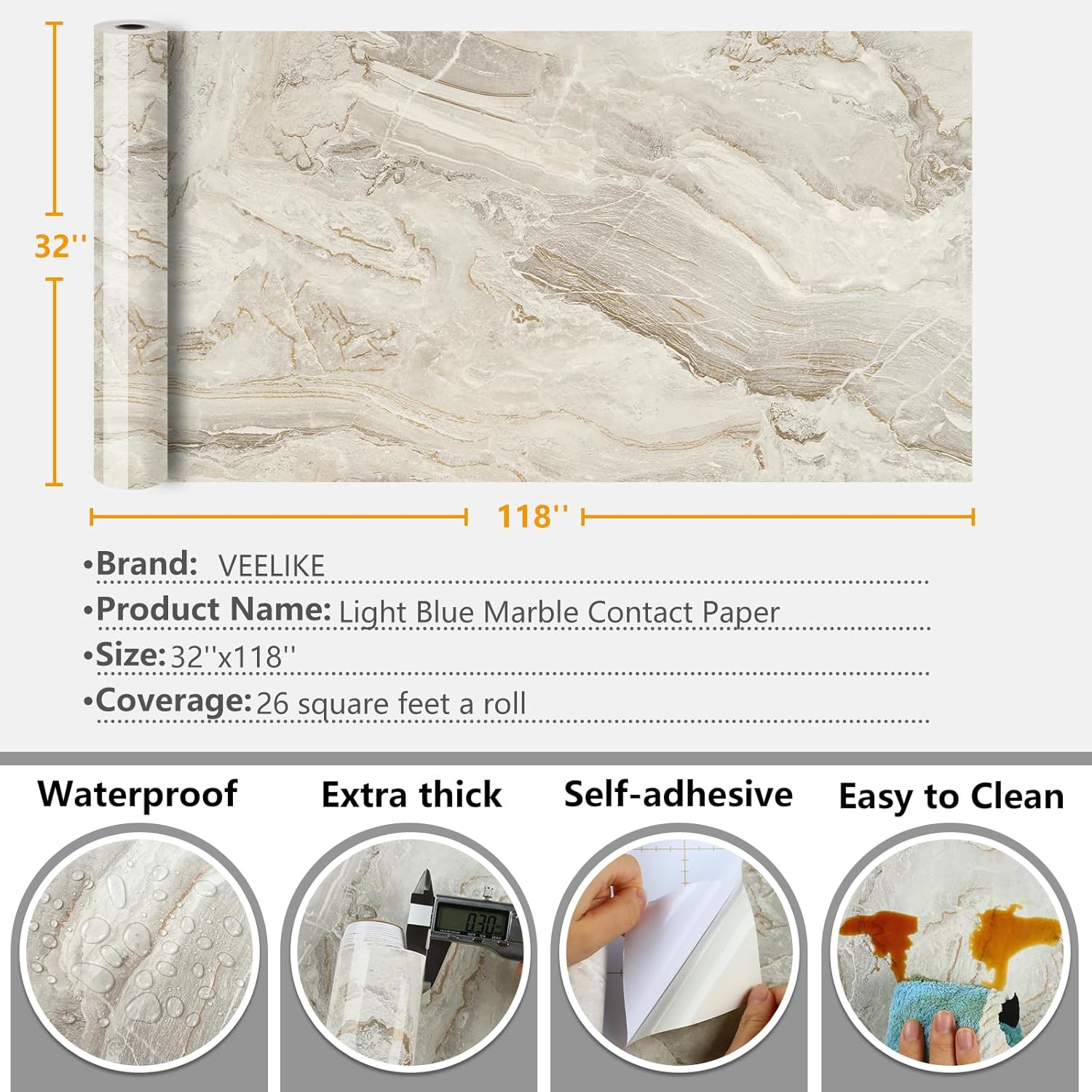 VEELIKE Large Size Marble Contact Paper Peel and Stick Countertops for Kitchen Waterproof Beige Gold Marble Wallpaper for Countertops Walls 32''x118'' Self Adhesive Countertop Vinyl for Bathroom Desk-7