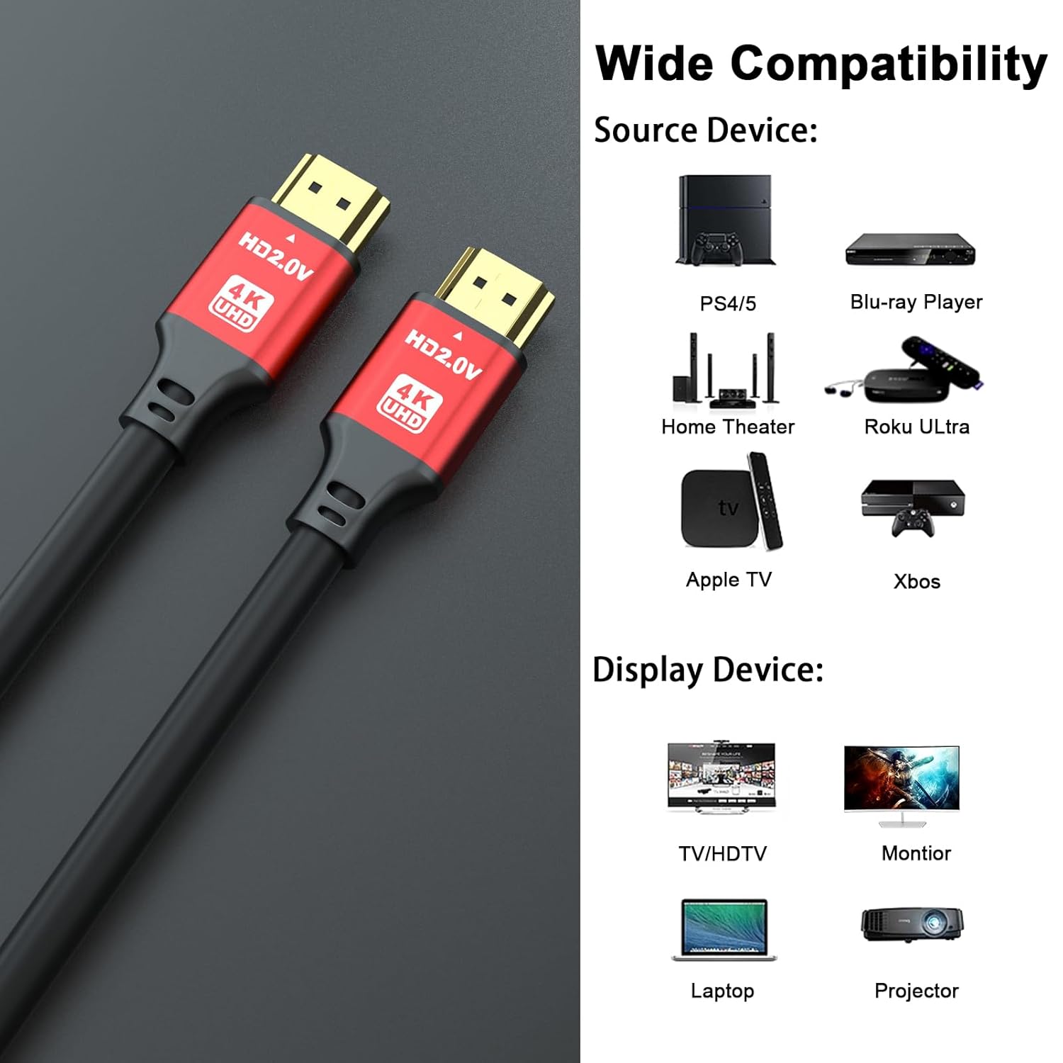 HDMI Cable 35ft, 4K@60Hz, 18Gbps High Speed HDMI 2.0 Cord, Ultra HD,Ethernet Audio Return,Video 4K,1080p,3D,Arc, HDR Compatible with Xbox,PS5/PS4,HDTV,Laptop ect(Red)-5