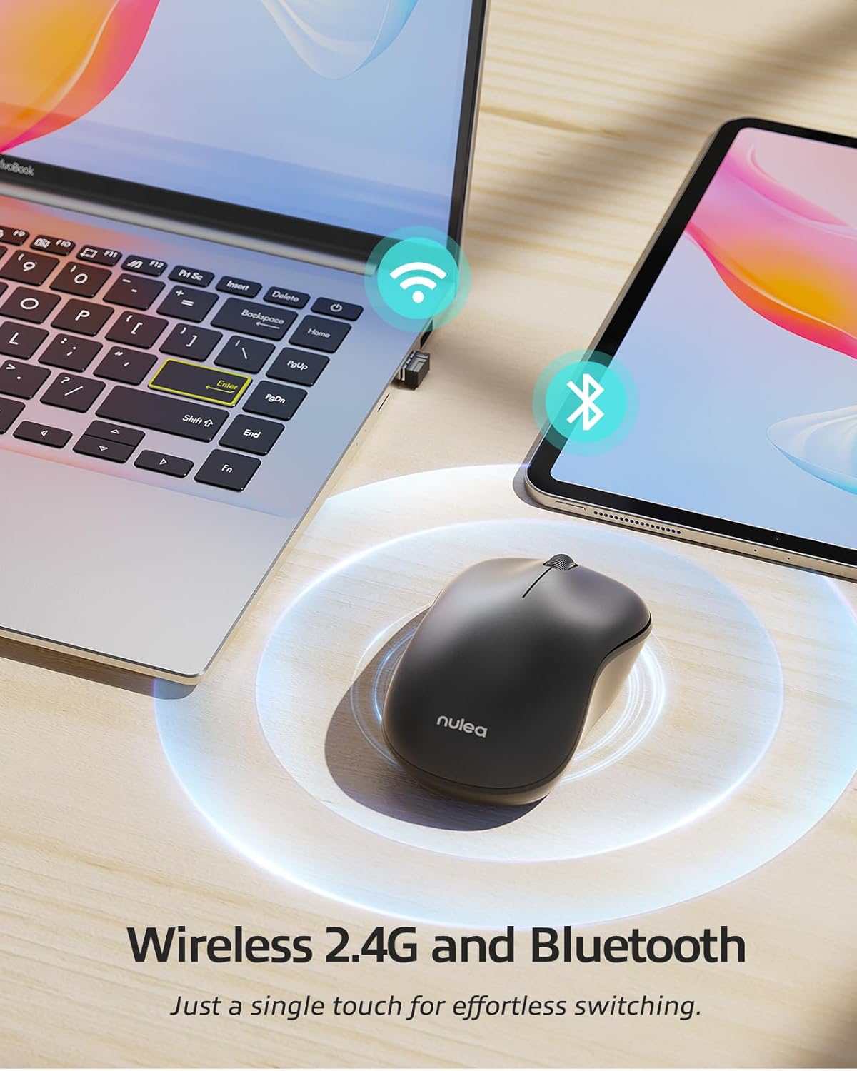 Nulea Wireless Bluetooth Mouse, Dual Mode Connectivity (Bluetooth 5.0 & 2.4G USB) Computer Mouse, Sleek, Portable, Compact Design in 10 Colors for iPad, Laptop & PC Use (Black)-1