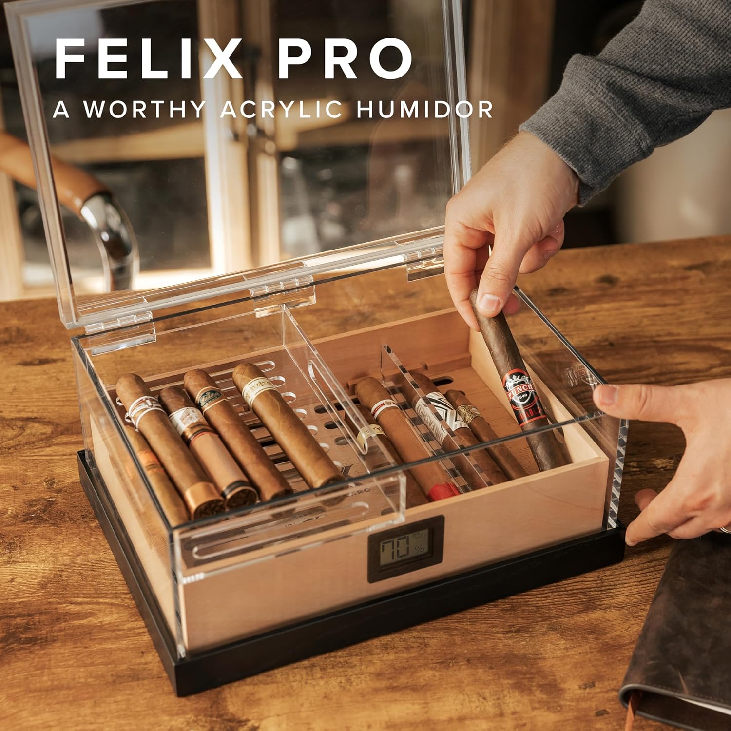 CASE ELEGANCE - Felix Pro Tupperdor - Airtight Acrylic Humidor, Two Acrylic Trays, Spanish Cedar Tray, Ash Wood Base, Digital Hygrometer, Acrylic Divider - Holds 50-60 Cigars-1