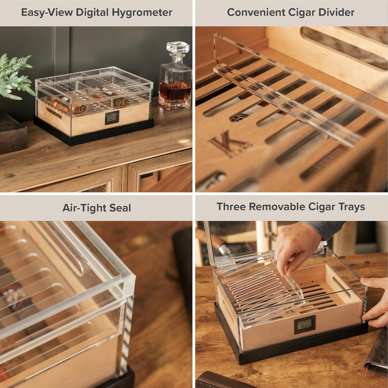 CASE ELEGANCE - Felix Pro Tupperdor - Airtight Acrylic Humidor, Two Acrylic Trays, Spanish Cedar Tray, Ash Wood Base, Digital Hygrometer, Acrylic Divider - Holds 50-60 Cigars-2