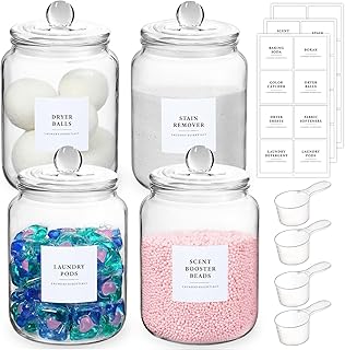 4 Pack Glass Jars with Lids and Labels, Glass Containers for Laundry Room Organization and Storage, Half Gallon Airtight Glass jars Holder for Laundry Detergent, Pods, Scent Booster Beads, 4 Spoons