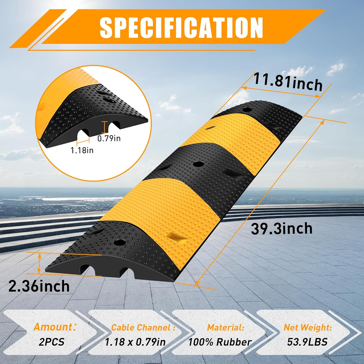 Rengue 39.3" Rubber Speed Bump, Pack of 2 Total 78.6'' Heavy Duty, Humps Rated 66000 LBS Load Capacity, Speed Humps with 4 Bolt Spikes Anchors for Asphalt Concrete Gravel Driveway-3