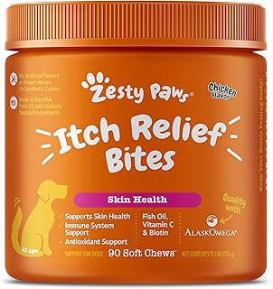 Zesty Paws Itch Relief for Dogs - for Itching Skin & Coat Health - Omega-3 Fish Oil with EPA & DHA - Dog Bites Supplement with Vitamin C & E for Antioxidant Support - Chicken Flavor - 90 Count