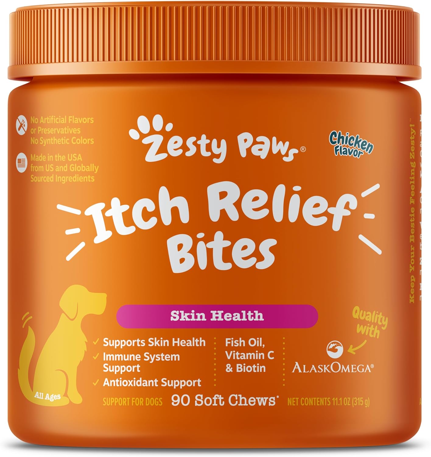 Zesty Paws Itch Relief for Dogs - for Itching Skin & Coat Health - Omega-3 Fish Oil with EPA & DHA - Dog Bites Supplement with Vitamin C & E for Antioxidant Support - Chicken Flavor - 90 Count-0