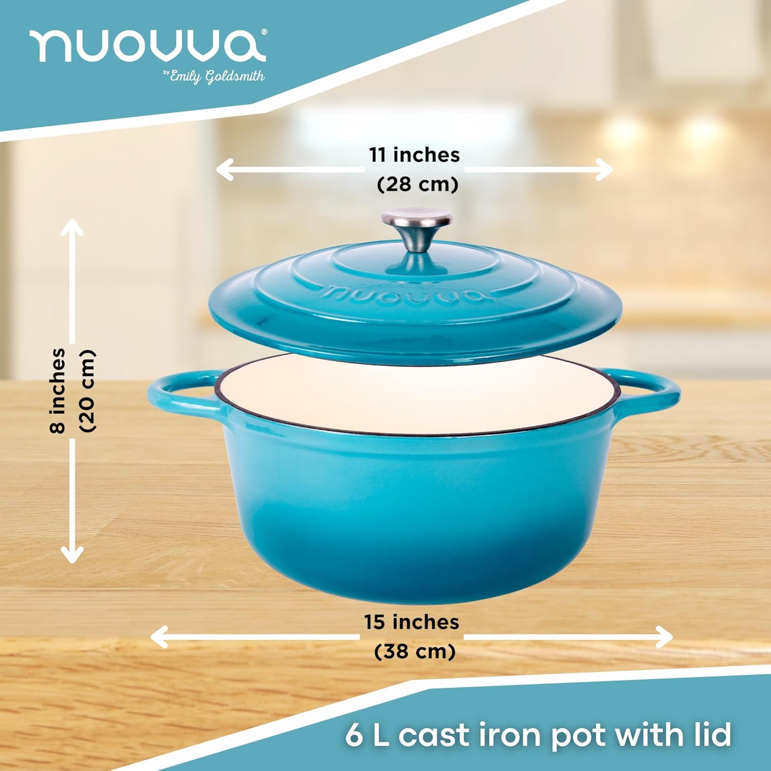 Cast Iron Dutch Oven with Lid – Non-Stick Ovenproof Enamelled Casserole Pot, Oven Safe up to 500° F – Sturdy Dutch Oven Cookware – Blue, 6.4-Quart, 28cm – by Nuovva-1