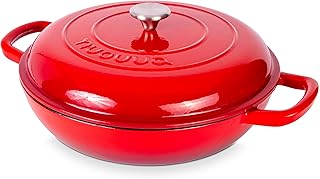 Shallow Cast Iron Casserole with Lid – Non Stick Dutch Oven Pot, Oven Safe up to 500° F – Sturdy Ovenproof Stockpot Cookware – Enamelled Cooking Pot – Red, 5-Quart, 32cm – by Nuovva