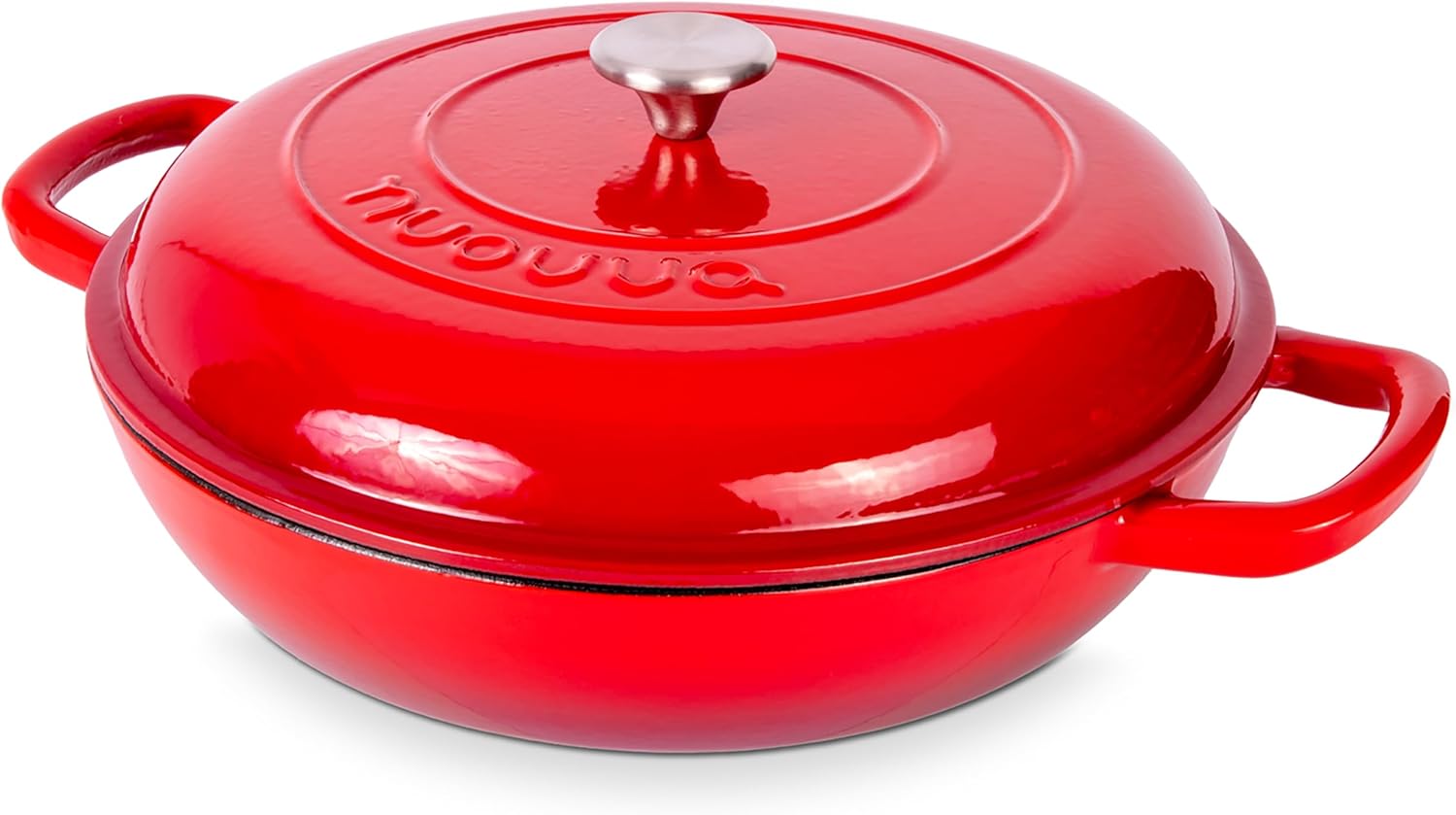 Shallow Cast Iron Casserole with Lid – Non Stick Dutch Oven Pot, Oven Safe up to 500° F – Sturdy Ovenproof Stockpot Cookware – Enamelled Cooking Pot – Red, 5-Quart, 32cm – by Nuovva-0