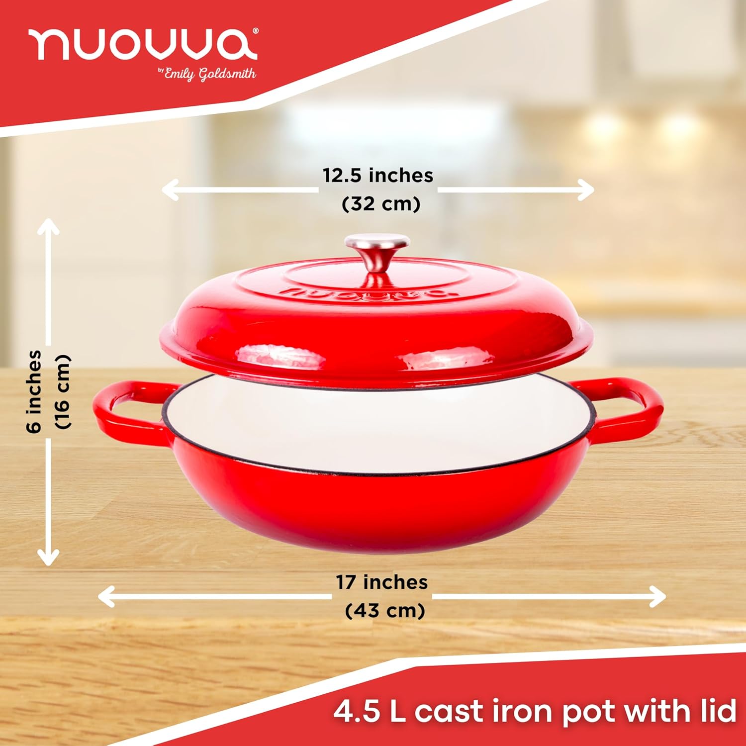 Shallow Cast Iron Casserole with Lid – Non Stick Dutch Oven Pot, Oven Safe up to 500° F – Sturdy Ovenproof Stockpot Cookware – Enamelled Cooking Pot – Red, 5-Quart, 32cm – by Nuovva-1