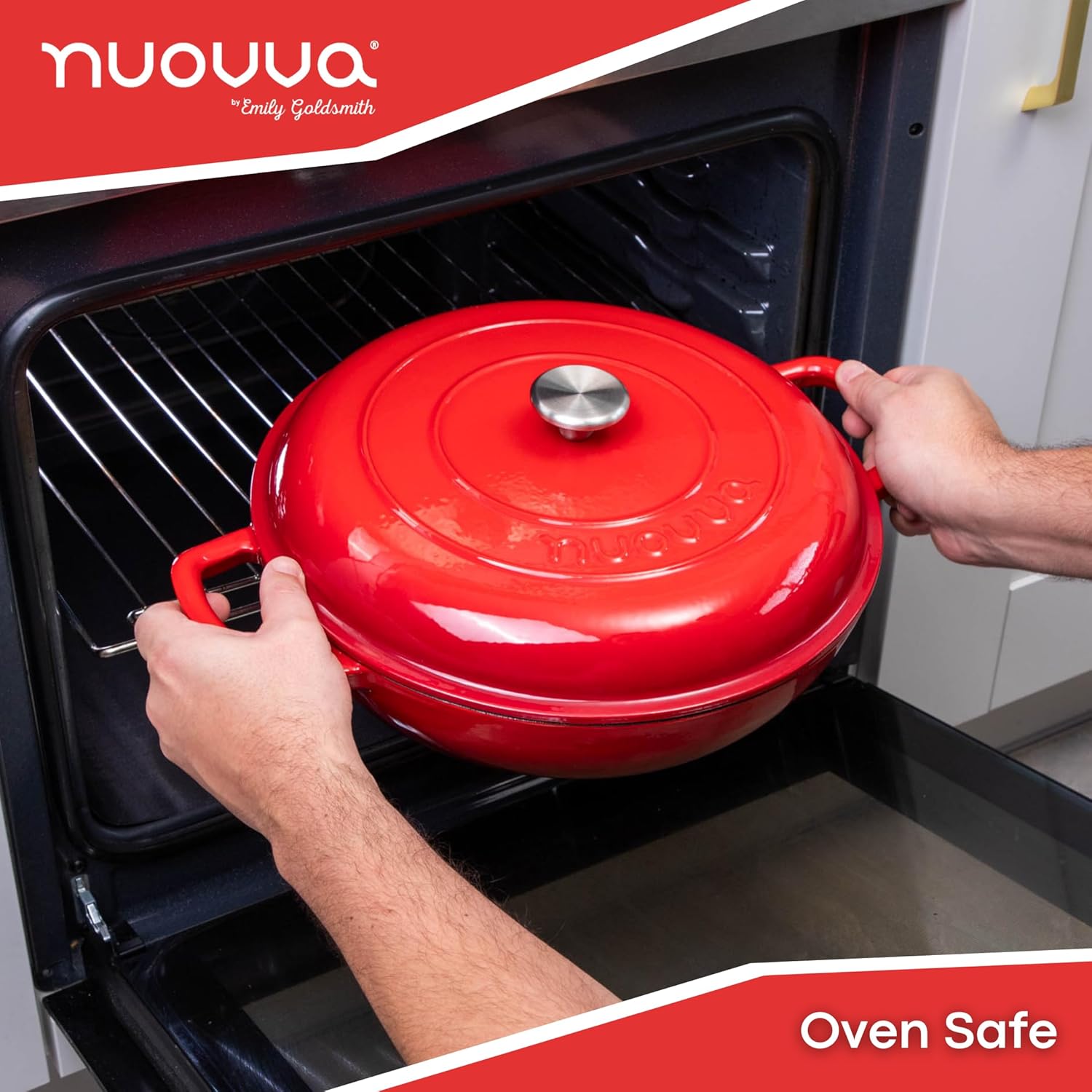 Shallow Cast Iron Casserole with Lid – Non Stick Dutch Oven Pot, Oven Safe up to 500° F – Sturdy Ovenproof Stockpot Cookware – Enamelled Cooking Pot – Red, 5-Quart, 32cm – by Nuovva-2