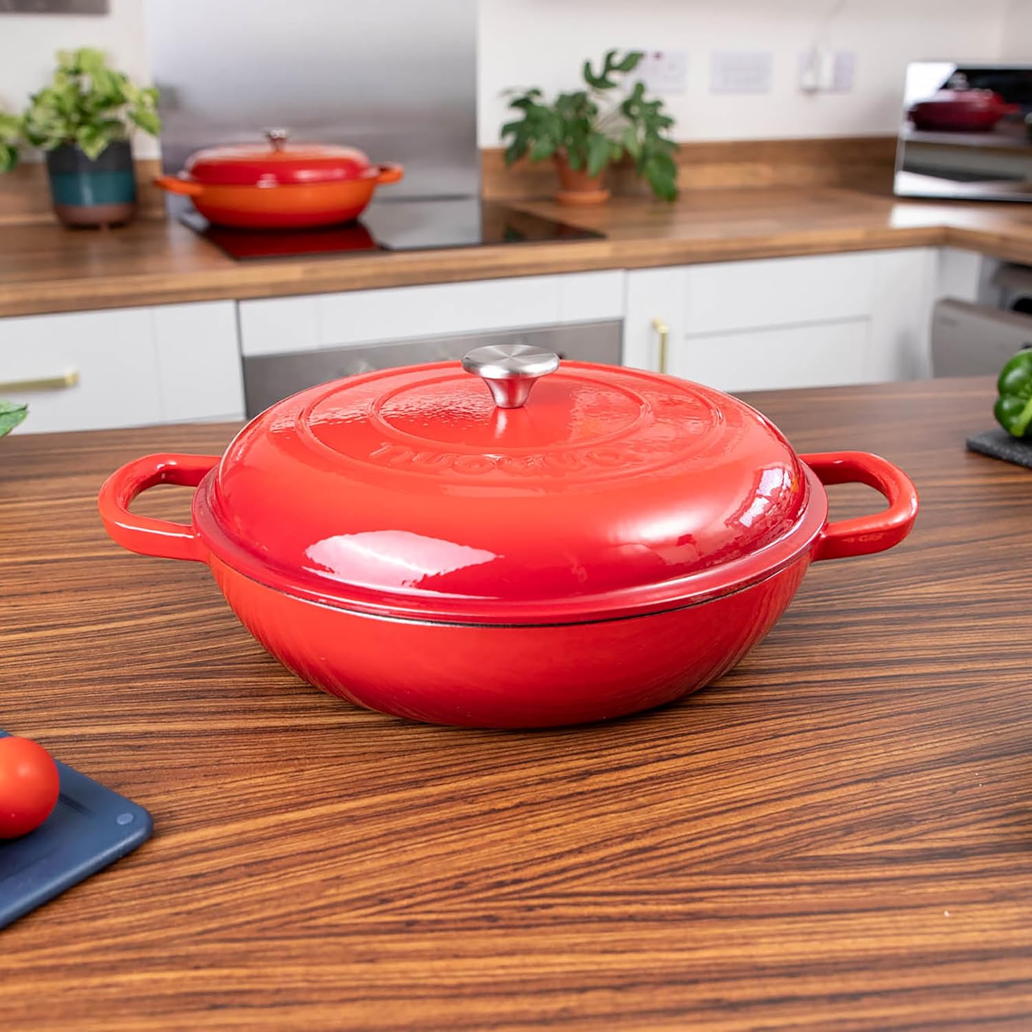 Shallow Cast Iron Casserole with Lid – Non Stick Dutch Oven Pot, Oven Safe up to 500° F – Sturdy Ovenproof Stockpot Cookware – Enamelled Cooking Pot – Red, 5-Quart, 32cm – by Nuovva-7