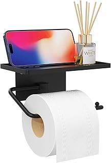 Niffgaff Adhesive Toilet Paper Holder: No Drill Installation - Wall Mount Toilet Tissue Holder with Shelf for Bathroom, Black.