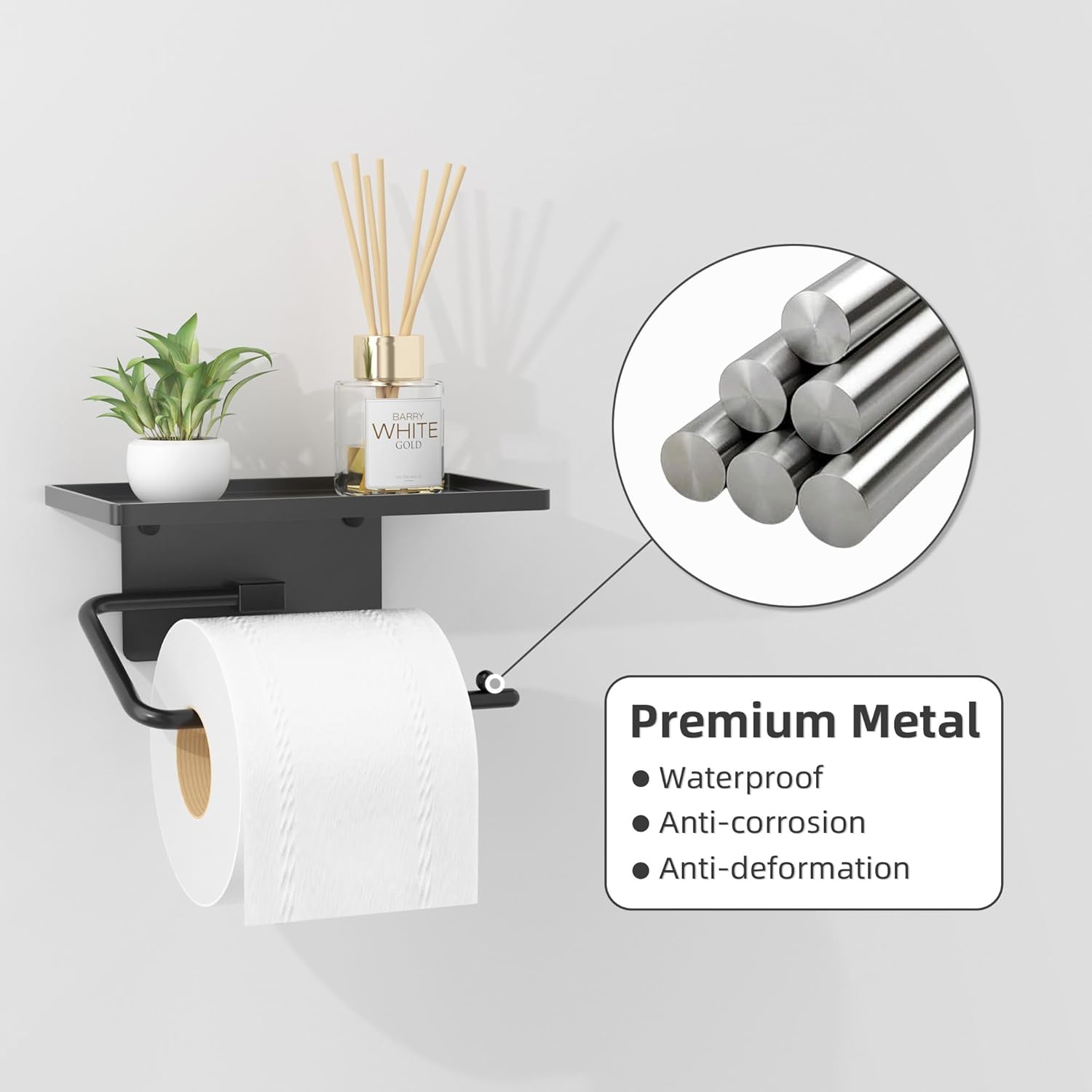 Niffgaff Adhesive Toilet Paper Holder: No Drill Installation - Wall Mount Toilet Tissue Holder with Shelf for Bathroom, Black.-1