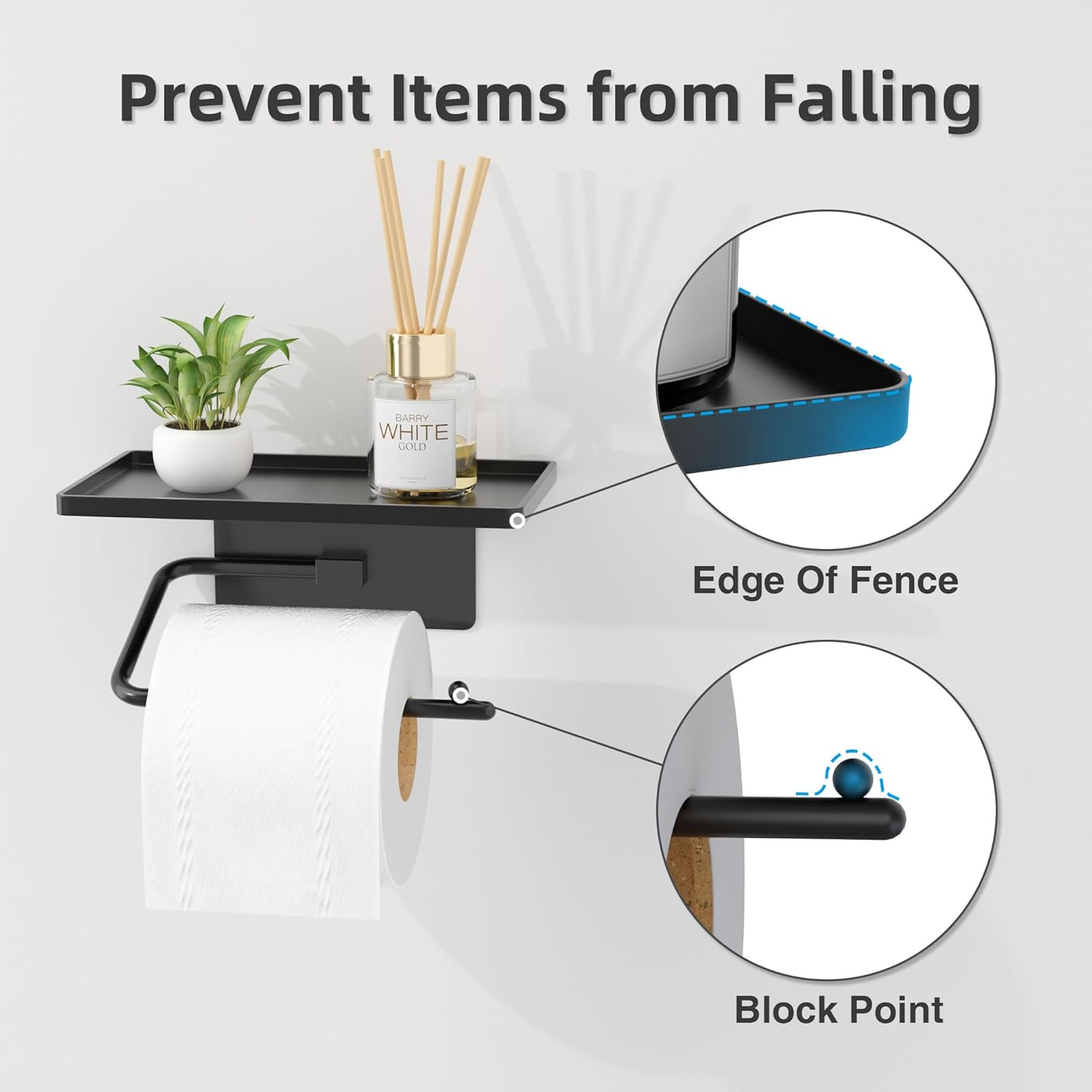 Niffgaff Adhesive Toilet Paper Holder: No Drill Installation - Wall Mount Toilet Tissue Holder with Shelf for Bathroom, Black.-2