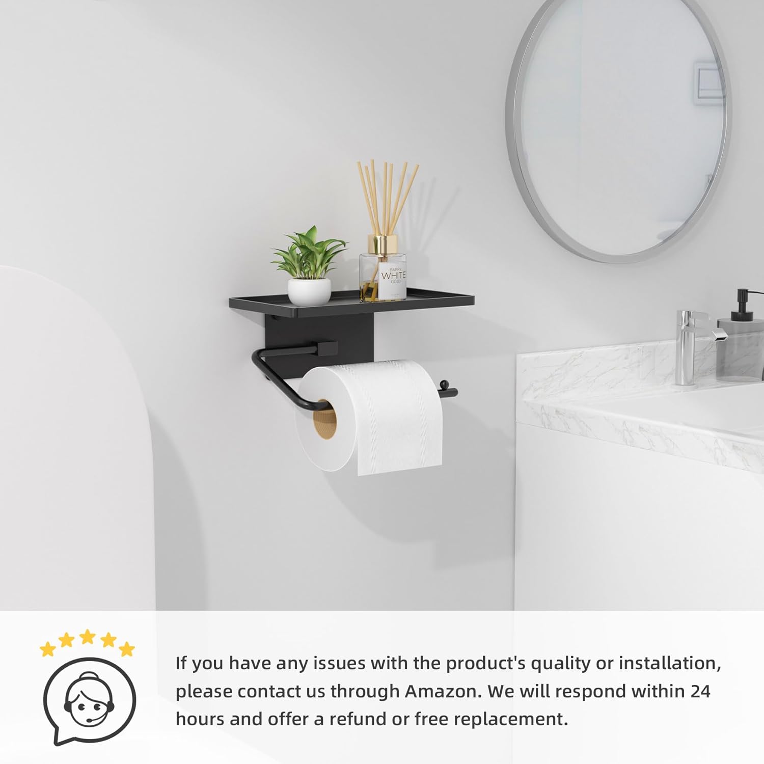 Niffgaff Adhesive Toilet Paper Holder: No Drill Installation - Wall Mount Toilet Tissue Holder with Shelf for Bathroom, Black.-6