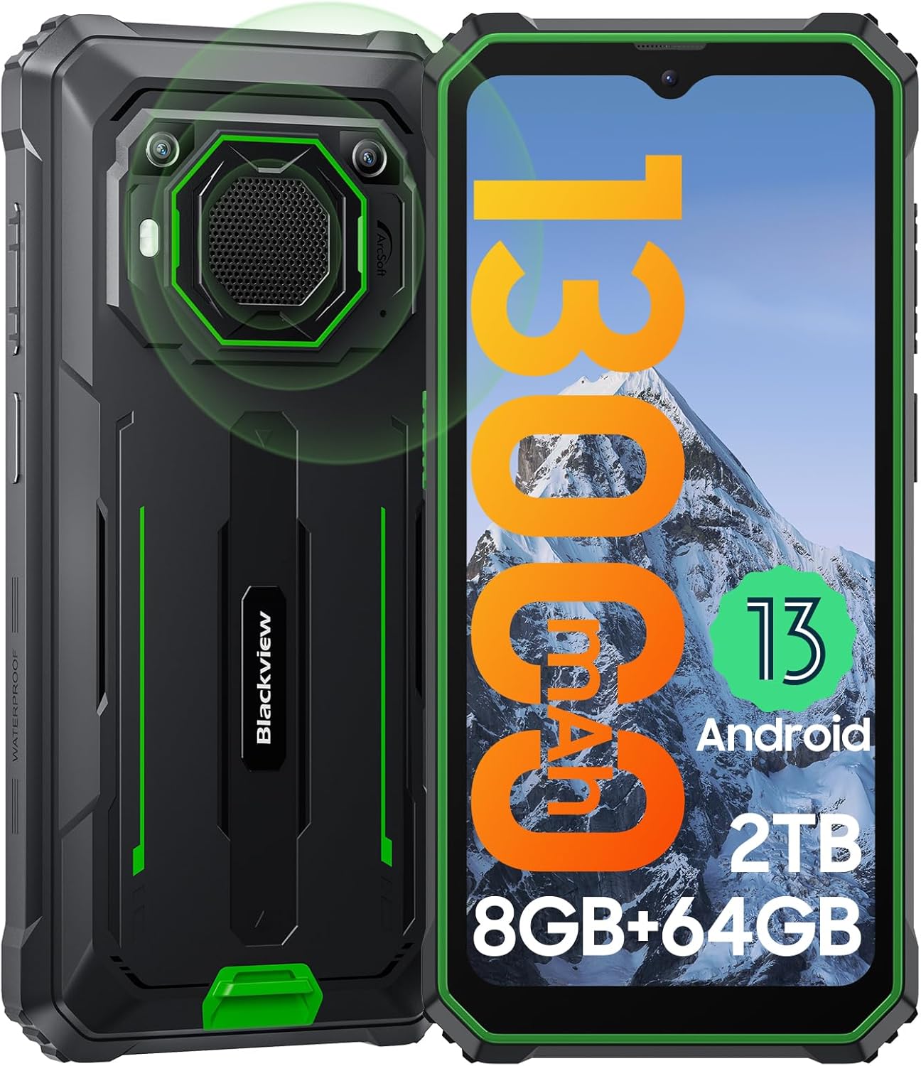 Rugged Phones Unlocked, 2023 Blackview BV6200 Rugged Smartphone, 13000mAh Battery 18W Fast Charge, Android 13, 8GB+64GB/2TB Expand, Loudest Speaker Waterproof Mobile Phones,Three Card Slots,Glove Mode-0