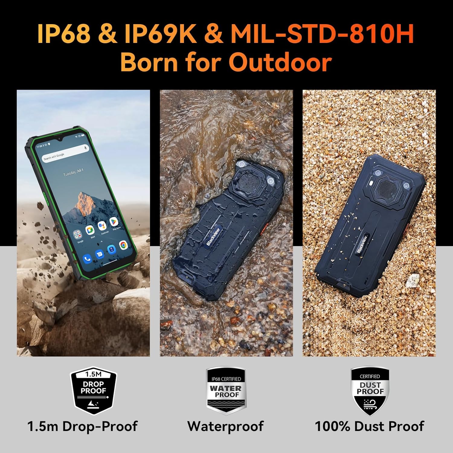 Rugged Phones Unlocked, 2023 Blackview BV6200 Rugged Smartphone, 13000mAh Battery 18W Fast Charge, Android 13, 8GB+64GB/2TB Expand, Loudest Speaker Waterproof Mobile Phones,Three Card Slots,Glove Mode-3