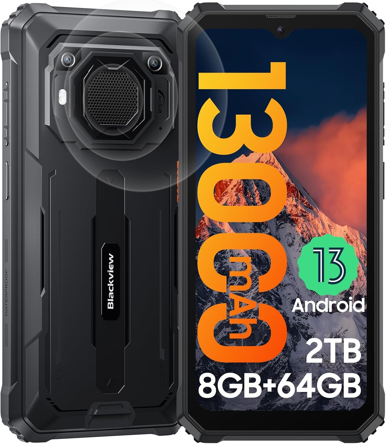 Blackview Rugged Smartphone Unlocked, 2023 BV6200 Rugged Phones, 13000mAh Battery 18W Fast Charge, Android 13, 8GB+64GB/2TB Expand, Waterproof Mobile Phones, Three Card Slots, 6.56" Display, T-Mobile-0