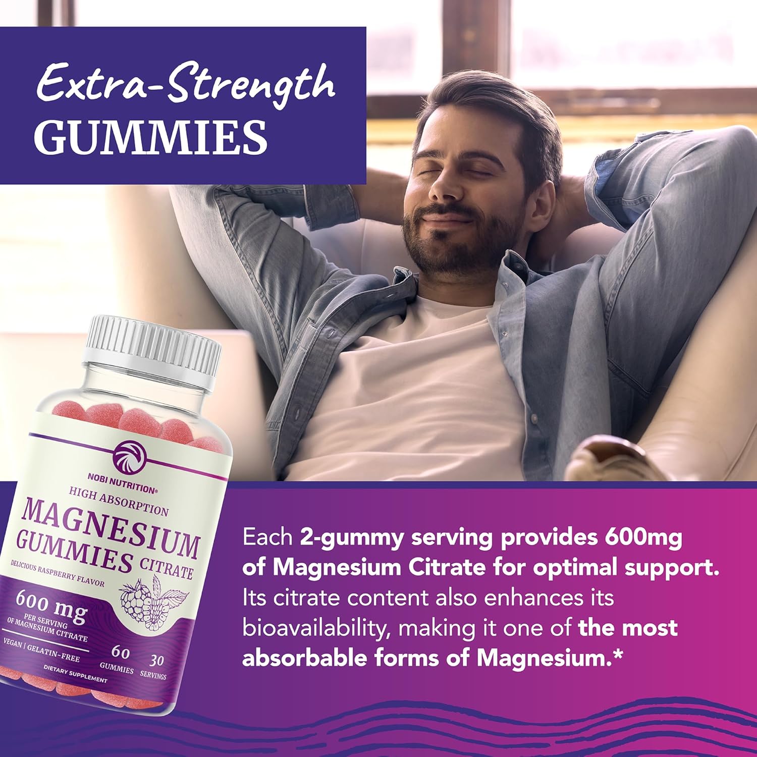 Magnesium Citrate Gummies | 600mg | High Absorption Magnesium for Calm, Relaxation & Digestion | Vegan, Non-GMO | Raspberry Flavor | Extra Strength Magnesium Gummy Supplement for Adults | 60 Count-4