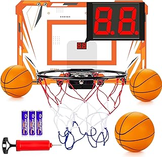 Indoor Basketball Hoop for Kids and Adults with Scorer with 2 Scoring Methods, Door Room Basketball Mini Hoop with 3 Batteries and Balls, Basketball Accessories for Teen Boy Gifts