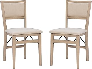 Linon Keira Wooden Folding Chair Upholstered Seat and Back Set of 2, Dining Height, Rustic Natural & Beige