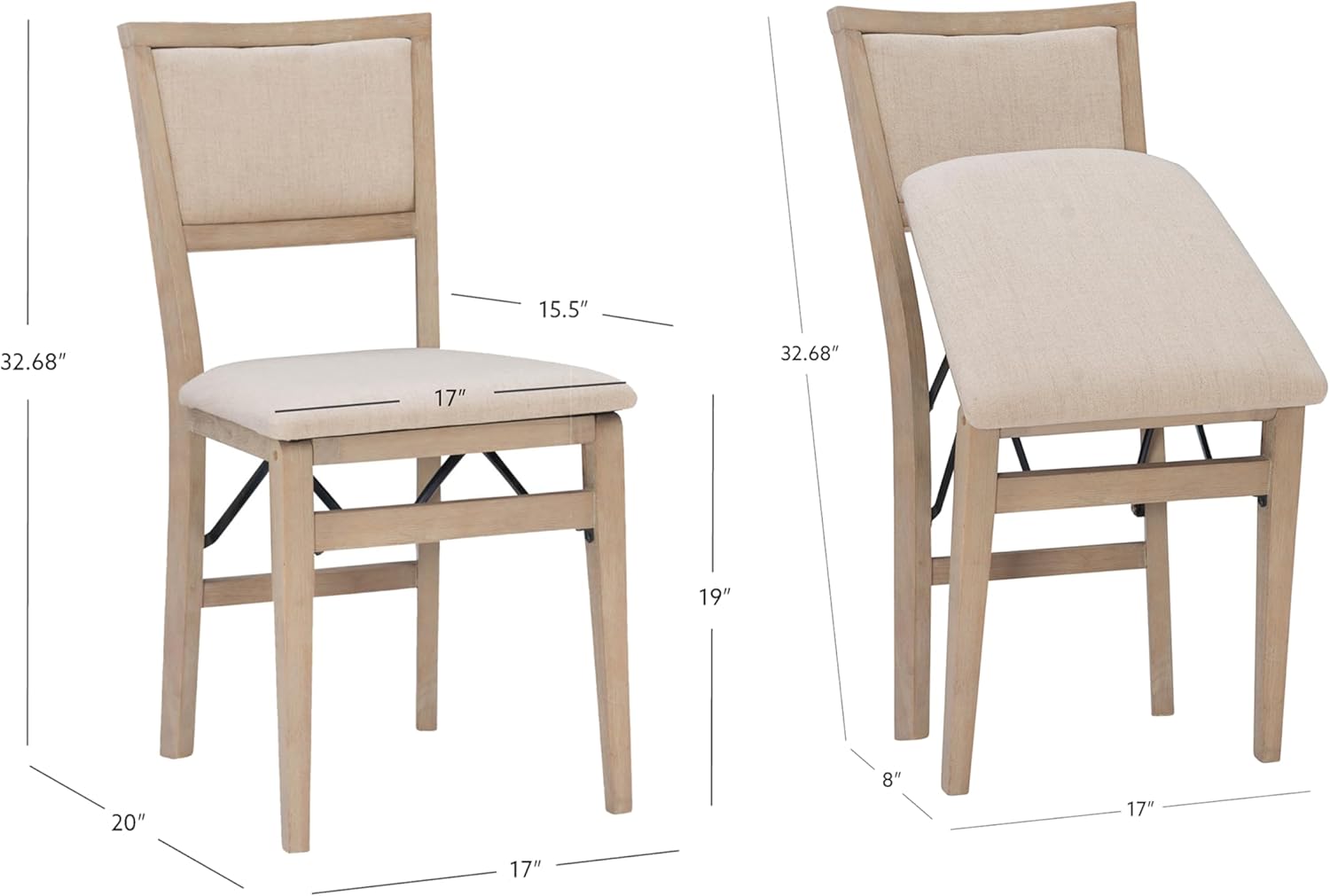 Linon Keira Wooden Folding Chair Upholstered Seat and Back Set of 2, Dining Height, Rustic Natural & Beige-2