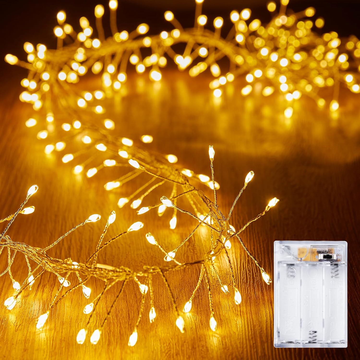 10Feet Battery Operated Fairy Lights, 120LEDs Firecracker String Lights Waterproof Silver Wire Starry Firefly Lights for DIY Wreath Home Weeding Indoor Outdoor Christmas Decorations, Warm White-0