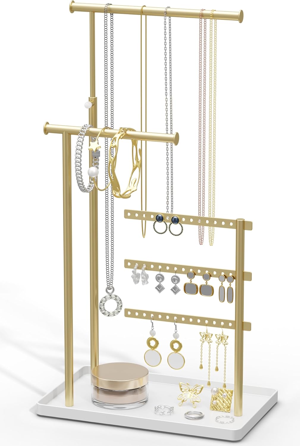 Jewelry Holder Organizer Stand - Adjustable Tall 17.5" (Max), Sturdy Jewelry Hanger for Necklaces, Earrings, Bracelets, Rings, Jewlery Display and Storage, Gold and White, Metal-0