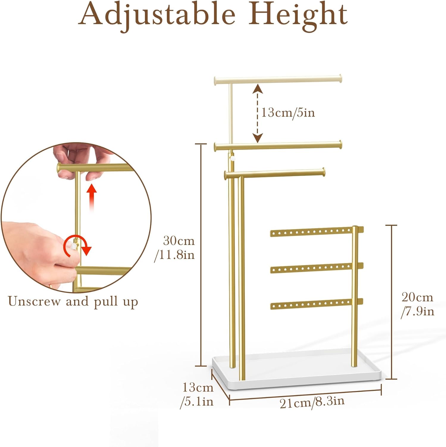 Jewelry Holder Organizer Stand - Adjustable Tall 17.5" (Max), Sturdy Jewelry Hanger for Necklaces, Earrings, Bracelets, Rings, Jewlery Display and Storage, Gold and White, Metal-1