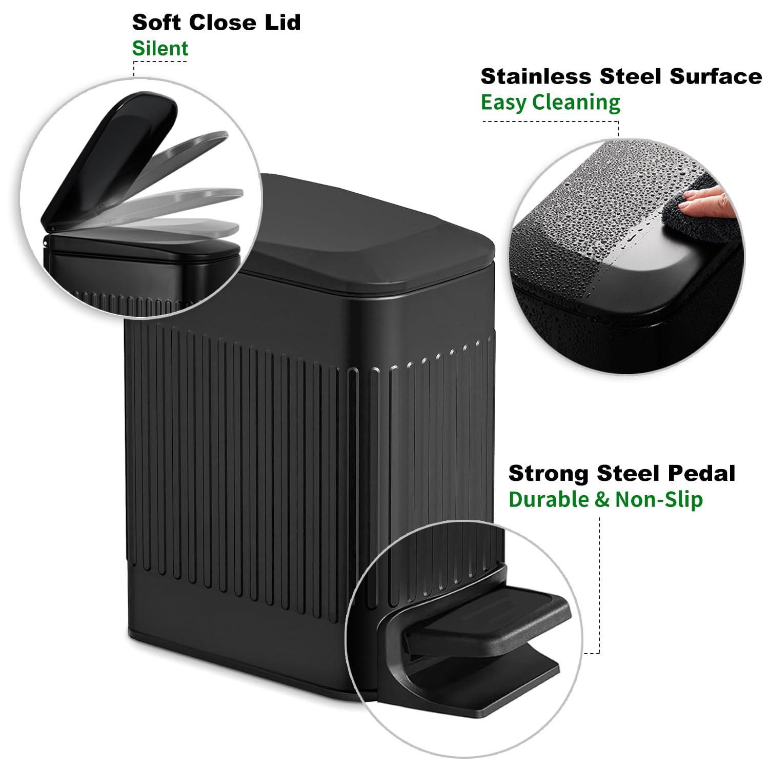 Slim Bathroom Trash Can with Lid Soft Close, 6 Liter / 1.6 Gallon Stainless Steel Garbage Can with Removable Inner Bucket, Foot Pedal, Small Trash Cans for Bedroom, Office, Kitchen (Black)-3