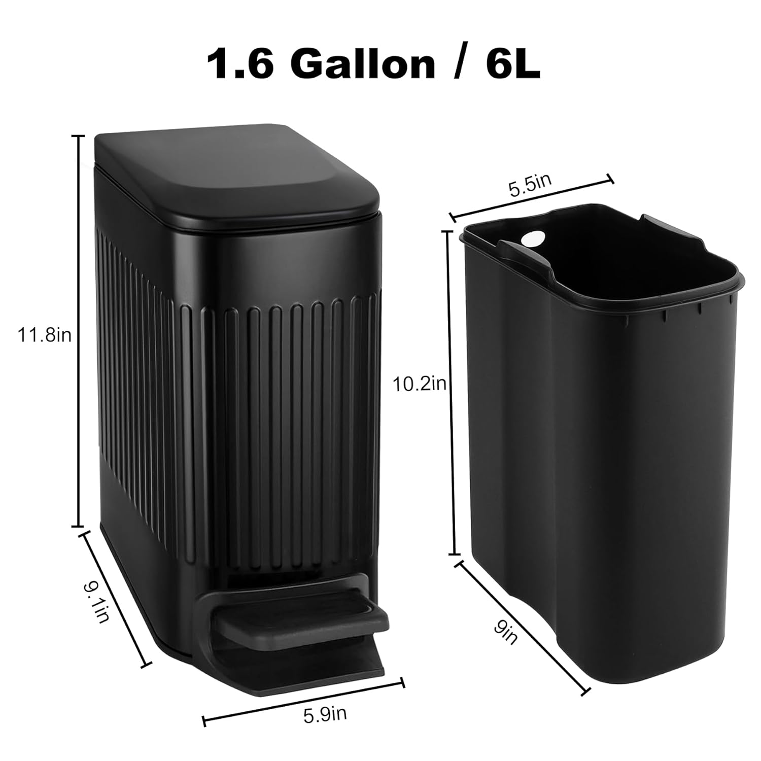 Slim Bathroom Trash Can with Lid Soft Close, 6 Liter / 1.6 Gallon Stainless Steel Garbage Can with Removable Inner Bucket, Foot Pedal, Small Trash Cans for Bedroom, Office, Kitchen (Black)-6