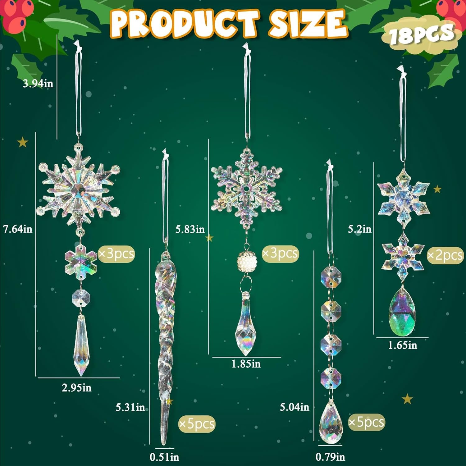 GuassLee 18pcs Crystal Christmas Tree Ornaments - Iridescent Acrylic Snowflake Icicle Drop Crystal Hanging Ornaments for Tree Iridescent Party Decor Christmas Frozen Themed Birthday Decor-5