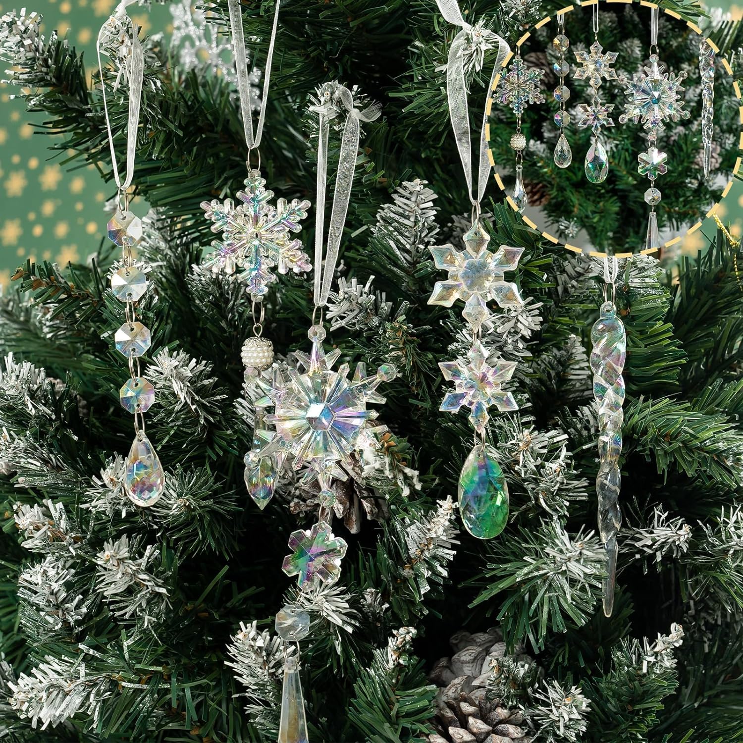 GuassLee 18pcs Crystal Christmas Tree Ornaments - Iridescent Acrylic Snowflake Icicle Drop Crystal Hanging Ornaments for Tree Iridescent Party Decor Christmas Frozen Themed Birthday Decor-6