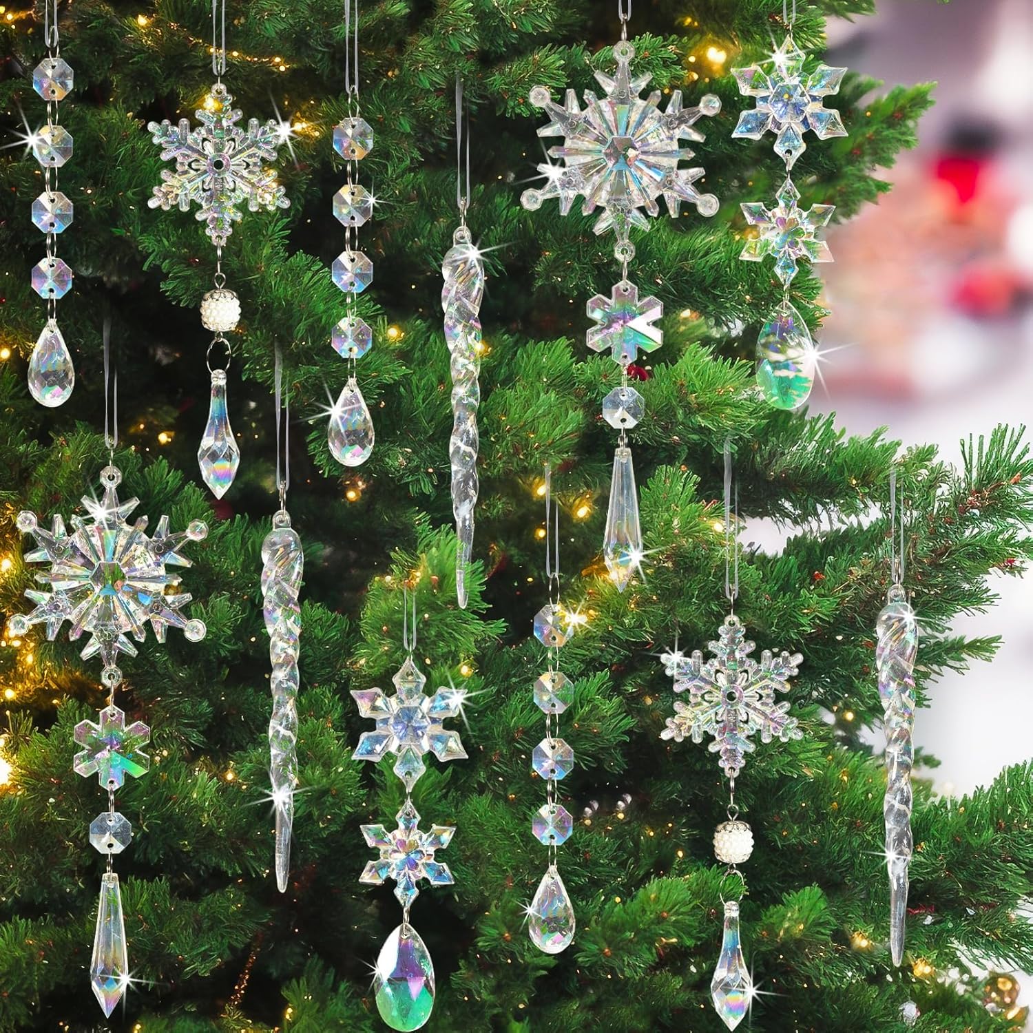 GuassLee 18pcs Crystal Christmas Tree Ornaments - Iridescent Acrylic Snowflake Icicle Drop Crystal Hanging Ornaments for Tree Iridescent Party Decor Christmas Frozen Themed Birthday Decor-7