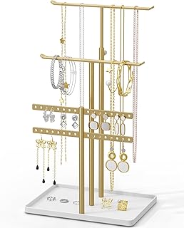 Jewelry Holder Organizer Stand - Adjustable Jewelry Tree 17.5" Height (Max), Jewlery Hanger for Necklaces, Bracelets, Earrings, Aesthetic for Storage and Display, Metal, Gold and White