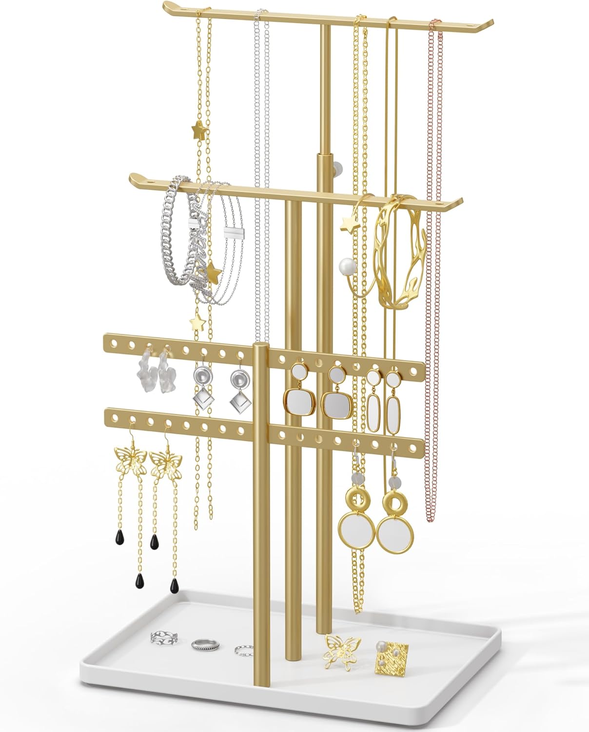 Jewelry Holder Organizer Stand - Adjustable Jewelry Tree 17.5" Height (Max), Jewlery Hanger for Necklaces, Bracelets, Earrings, Aesthetic for Storage and Display, Metal, Gold and White-0