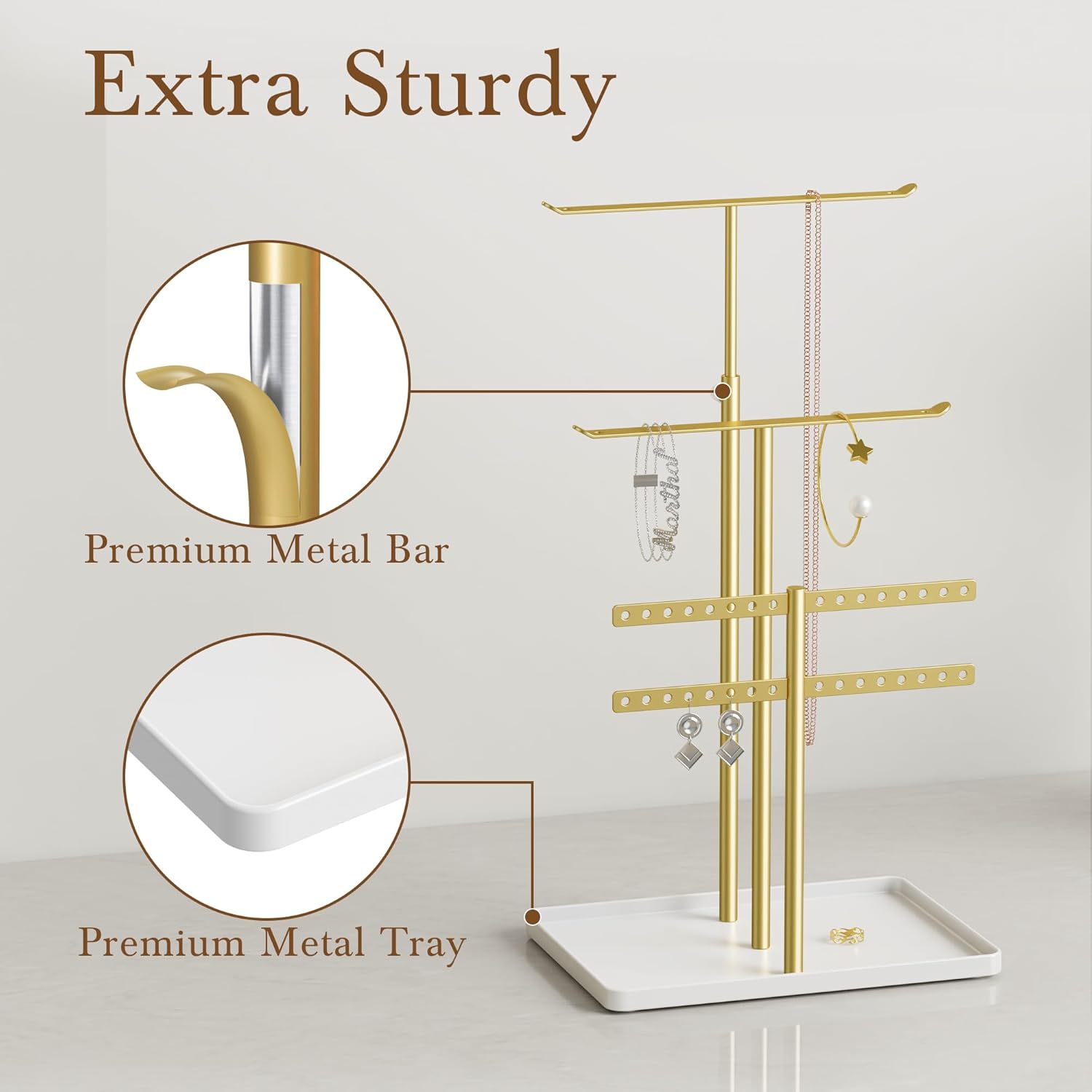 Jewelry Holder Organizer Stand - Adjustable Jewelry Tree 17.5" Height (Max), Jewlery Hanger for Necklaces, Bracelets, Earrings, Aesthetic for Storage and Display, Metal, Gold and White-3