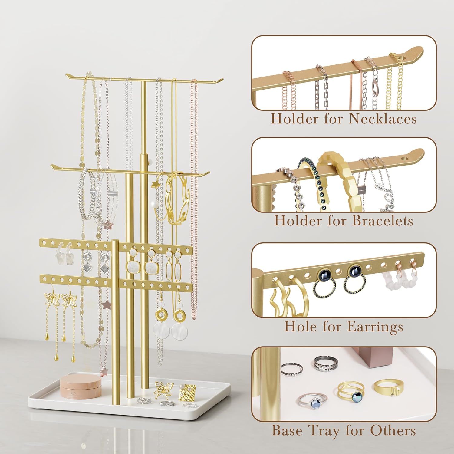 Jewelry Holder Organizer Stand - Adjustable Jewelry Tree 17.5" Height (Max), Jewlery Hanger for Necklaces, Bracelets, Earrings, Aesthetic for Storage and Display, Metal, Gold and White-4