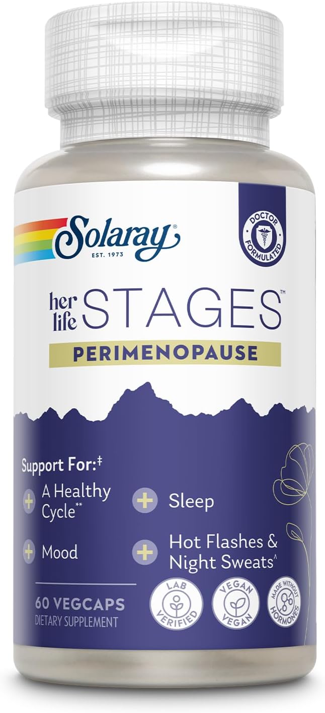 Solaray Perimenopause her Life Stages - Perimenopause Supplements Women - Hot Flashes, Menopause Support - Saffron and Chasteberry - Made Without Hormones - 60-Day Guarantee - 30 Servings, 60 VegCaps-0