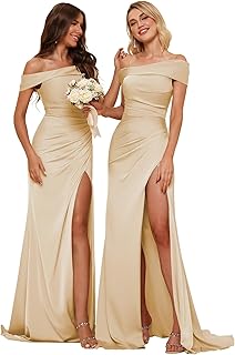 TIRAS Sexy Off Shoulder Mermaid Prom Dresses with Slit Gorgeous Champagne Satin Dresses Bridesmaid Women's Cold Neck Evening Party Dress with Train Champagne 08