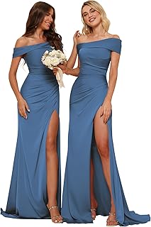 TIRAS Satin Mermaid Bridesmaid Dresses 2024 Women's Off Shoulder Evening Prom Party Gown with Slit Train