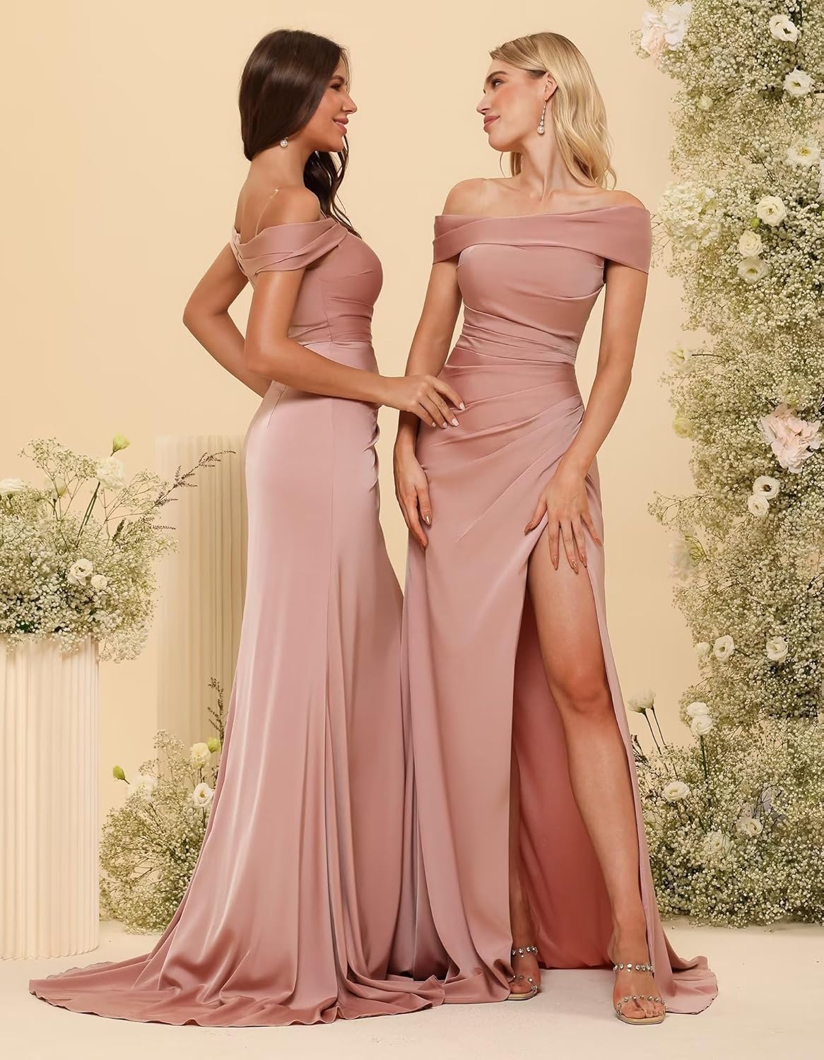 TIRAS Satin Mermaid Bridesmaid Dresses 2024 Women's Off Shoulder Evening Prom Party Gown with Slit Train-1