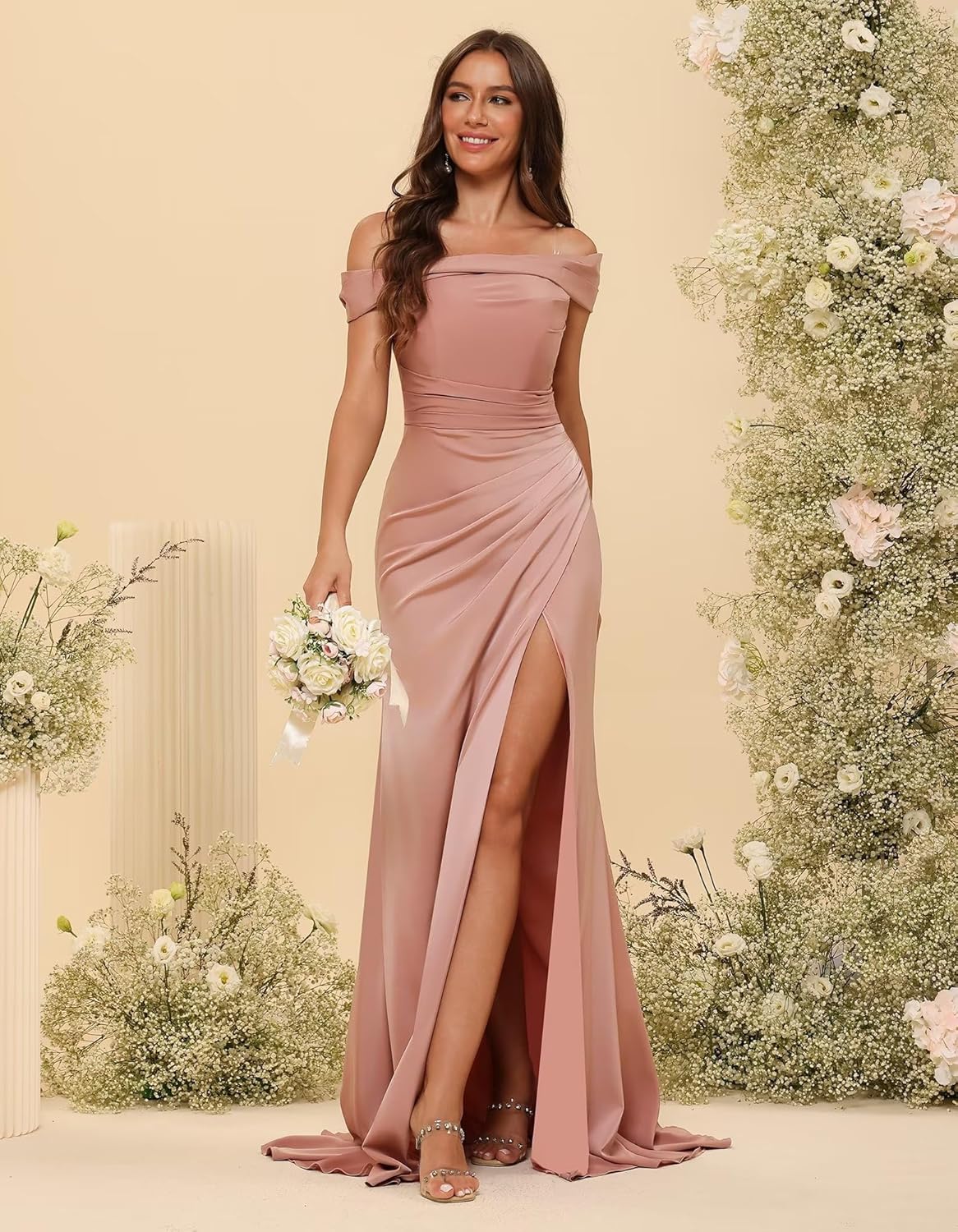 TIRAS Satin Mermaid Bridesmaid Dresses 2024 Women's Off Shoulder Evening Prom Party Gown with Slit Train-3