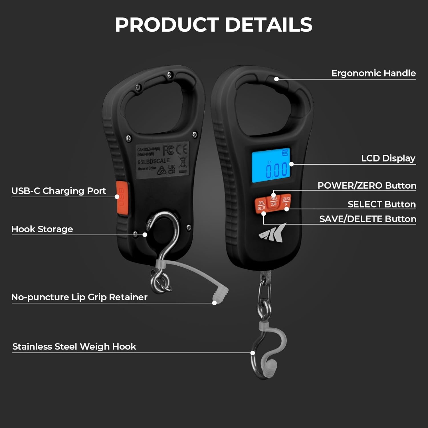 KastKing Fish Scale, ToughTide USB Charging Fishing Scale, 65lb Capacity, Ultra-Thin Digital Fish Scale, LCD Display, Ergonomic Handle, Fish Scales Digital Weight, Fishing Accessories for Men-5