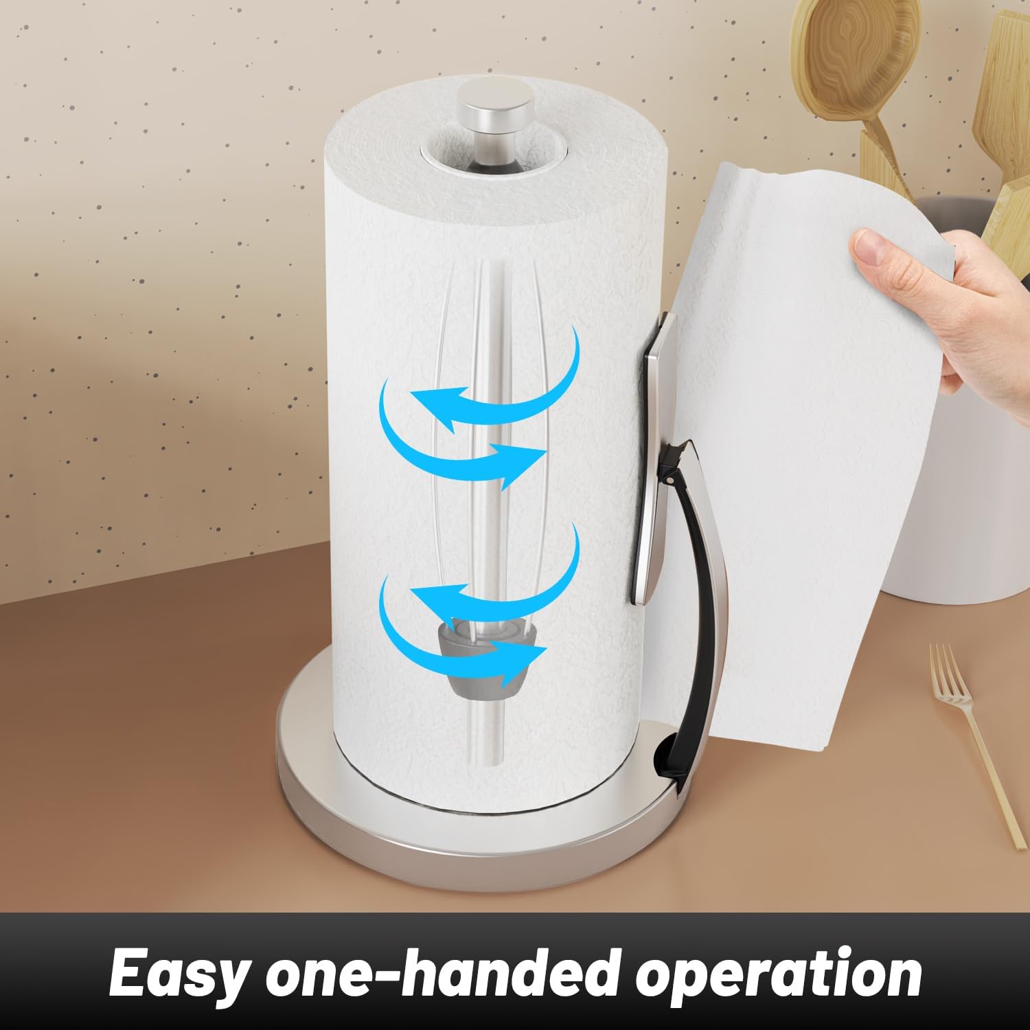 VEHHE Paper Towel Holder, Simply Tear Paper Towel Holder Countertop with Spring Activated Arm and Silent Damping Function, Kitchen Towel Holder Stand with Suction Cups for Kitchen Bathroom-1