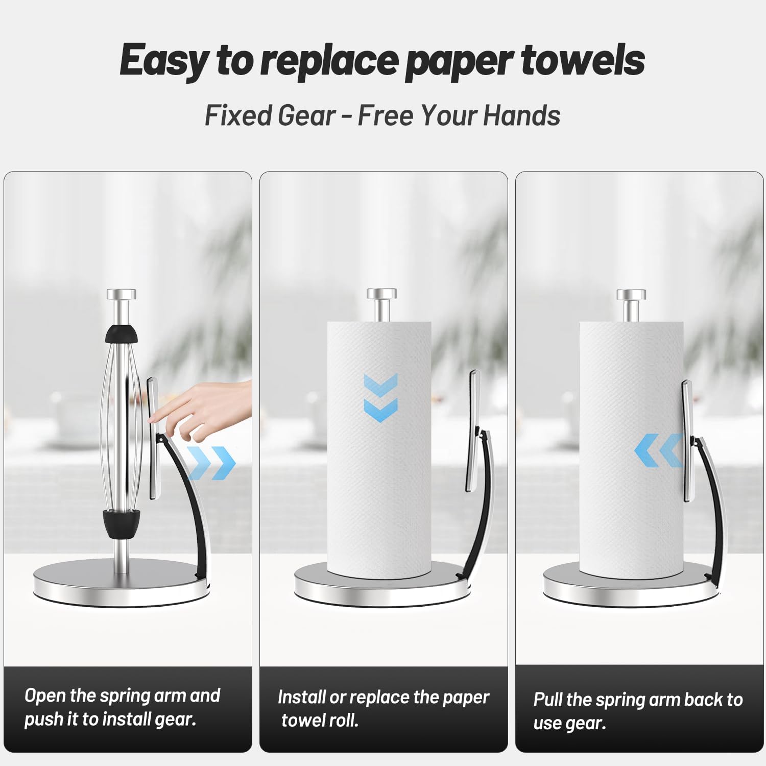 VEHHE Paper Towel Holder, Simply Tear Paper Towel Holder Countertop with Spring Activated Arm and Silent Damping Function, Kitchen Towel Holder Stand with Suction Cups for Kitchen Bathroom-6