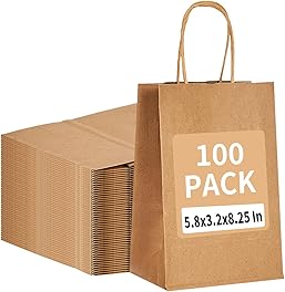 100 Pack 5.8x3.2x8.25 Inch Brown Kraft Paper Gift Bags with Handles - Bulk Small Plain Natural Bags for Birthday Party Favors, Grocery, Retail Shopping, Wedding, Craft, Goody, Takeouts, and Business