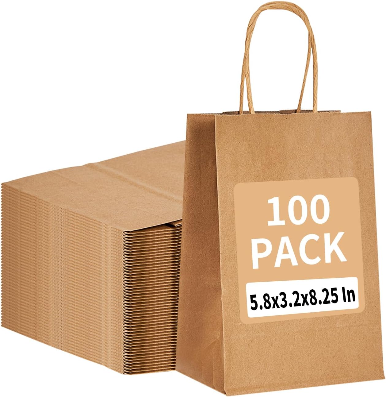 100 Pack 5.8x3.2x8.25 Inch Brown Kraft Paper Gift Bags with Handles - Bulk Small Plain Natural Bags for Birthday Party Favors, Grocery, Retail Shopping, Wedding, Craft, Goody, Takeouts, and Business-0