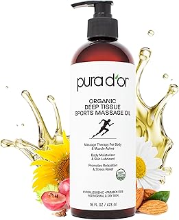 PURA D'OR 16 Oz Organic Deep Tissue Sports Massage Oil for Toned Sore Muscles - Jojoba Oil, Sunflower Oil, Almond Oil, Grapefruit Oil & Eucalyptus Oil - Alleviate Muscle Soreness